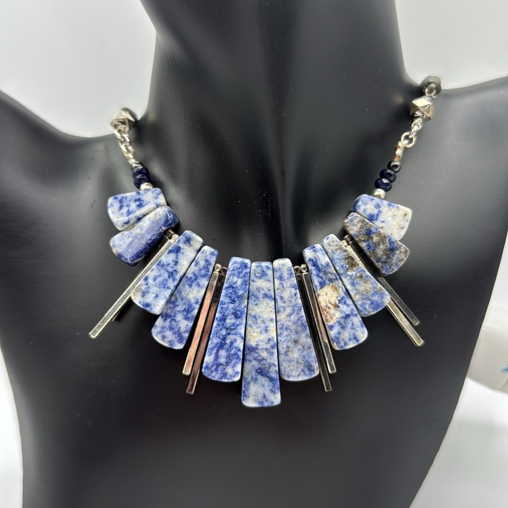 Nakamol Stone Fan Bib Blue Silver Necklace Chunky Boho Tribal